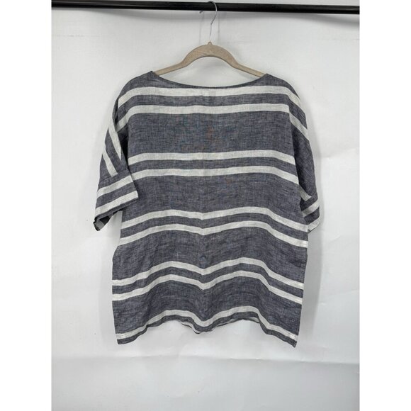 Studio 412 Striped 100% Linen Boxy Top Women Medium Grey Lagenlook Minimalist - Picture 2 of 6